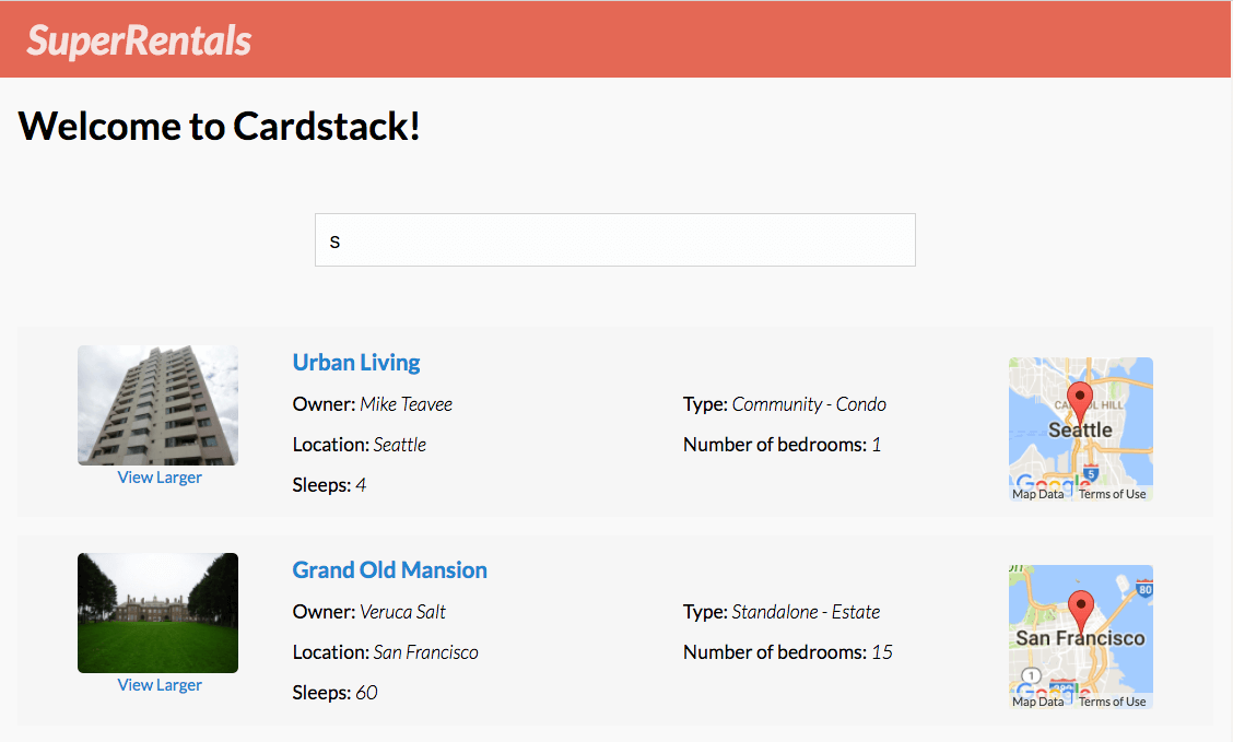 Rental listing with city filter