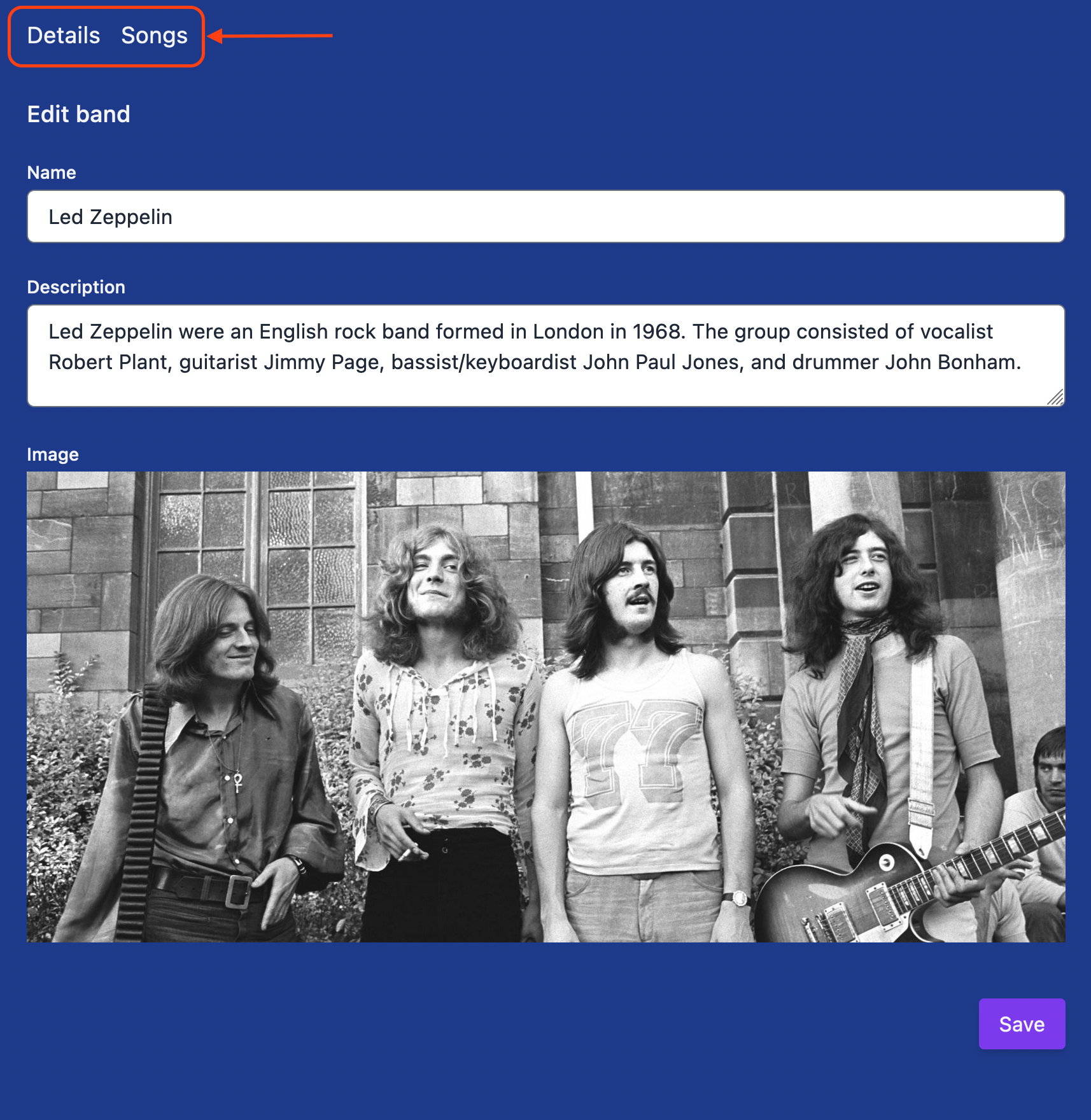 Edit band page - with header