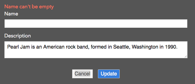Validation error displayed for name